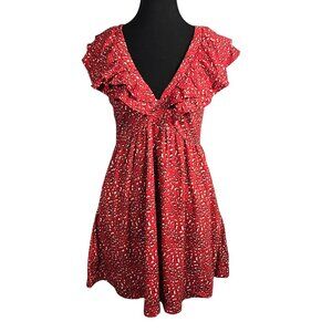NWT | LOEMES | Cherry Red | Animal Print Flutter Sleeve Dress | Small
